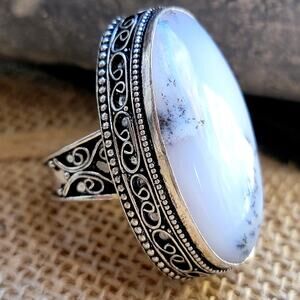 Sterling Silver Dendritic Agate Ring, Size 8.5, Artisan Boho Statement Jewelry